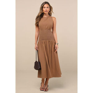 Lulus Melina Light Brown Backless Drop Waist Midi Dress - Size M